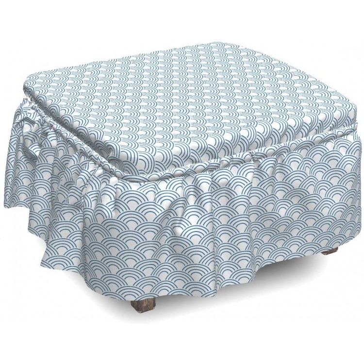 Lunarable White Ottoman Cover Abstract Ocean Waves 2 Piece Slipcover Set with Ruffle Skirt for Square Round Cube Footstool Decorative Home Accent Standard Size Blue White