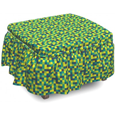Lunarable Yellow and Blue Ottoman Cover Retro Style Grid 2 Piece Slipcover Set with Ruffle Skirt for Square Round Cube Footstool Decorative Home Accent Standard Size Indigo Petrol Blue Lime Green