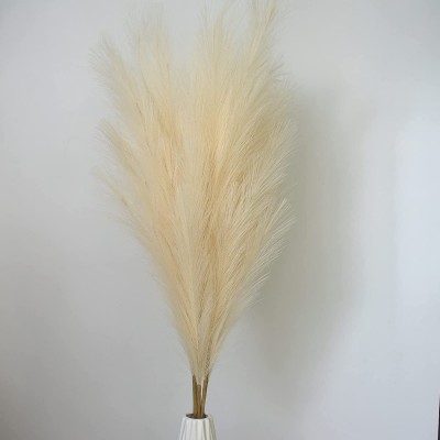 3Pcs 43" 3.6FT Long Handmade Artificial Pampas Grass Flower Large Tall 18-Branches Fluffy Fake Bulrush Reed Pompass Dried Plant for Home Party Wedding DIY Vase Filler Boho Decor Beige