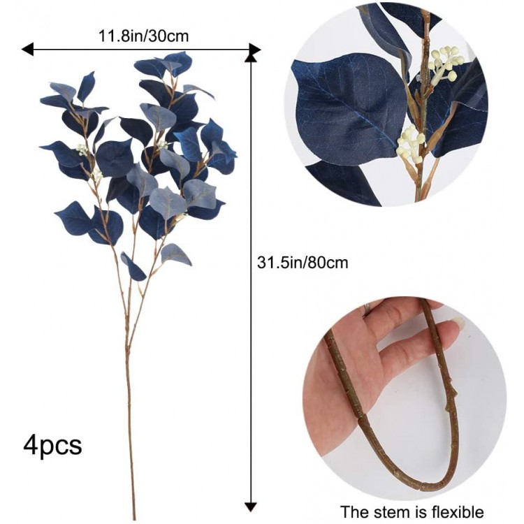 AILANDA 4PCS Artificial Greenery Stems 31.5 Long Eucalyptus Leaf Spray Faux Flowers Silver Dollar Branches Blue Silk Fake Plants for Home Wedding Floral Arrangement Easter Day Table Centerpieces