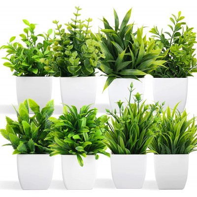 Artificial Plants Mini Fake Potted Plants 8 pcs Small Eucalyptus Potted Faux Decorative Grass Plant with White Pot for Home Decor Indoor Office Desk Table Decoration