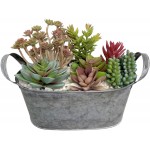 Artificial Succulent Arrangements in Oval Tin Planter w Various Realistic Faux Succulents in Tin Planter w Decorative Rocks Indoor-Outdoor for Your Office Desk Bathroom or Bedroom Room Décor