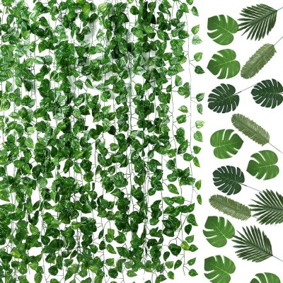 Auihiay 93 FT 12 Strands Artificial Ivy Leaf Plants Vine Garland and 24 Pieces Artificial Palm Leaves for Home Wall Garden Baby Shower Wedding Home Party Decor