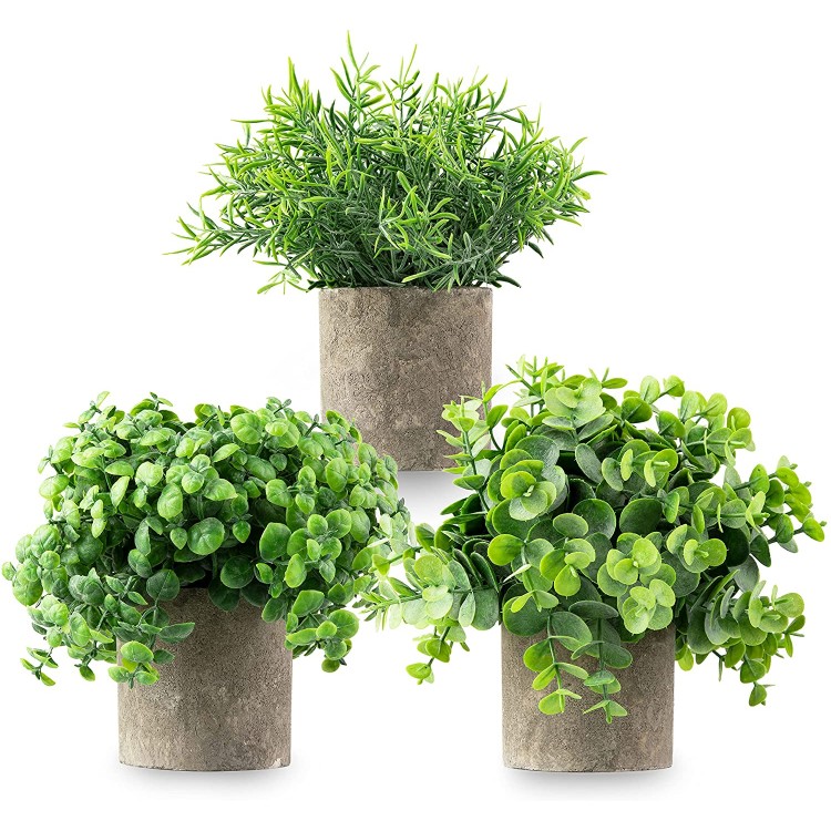 CASALUXE Artificial Potted Plants Set of 3 Fake Eucalyptus Boxwood and Rosemary 2-Toned Plastic Faux Greenery Mini Houseplants in Cement-Colored Paper Pulp Pots – Modern Farmhouse Decor 7x8 inch