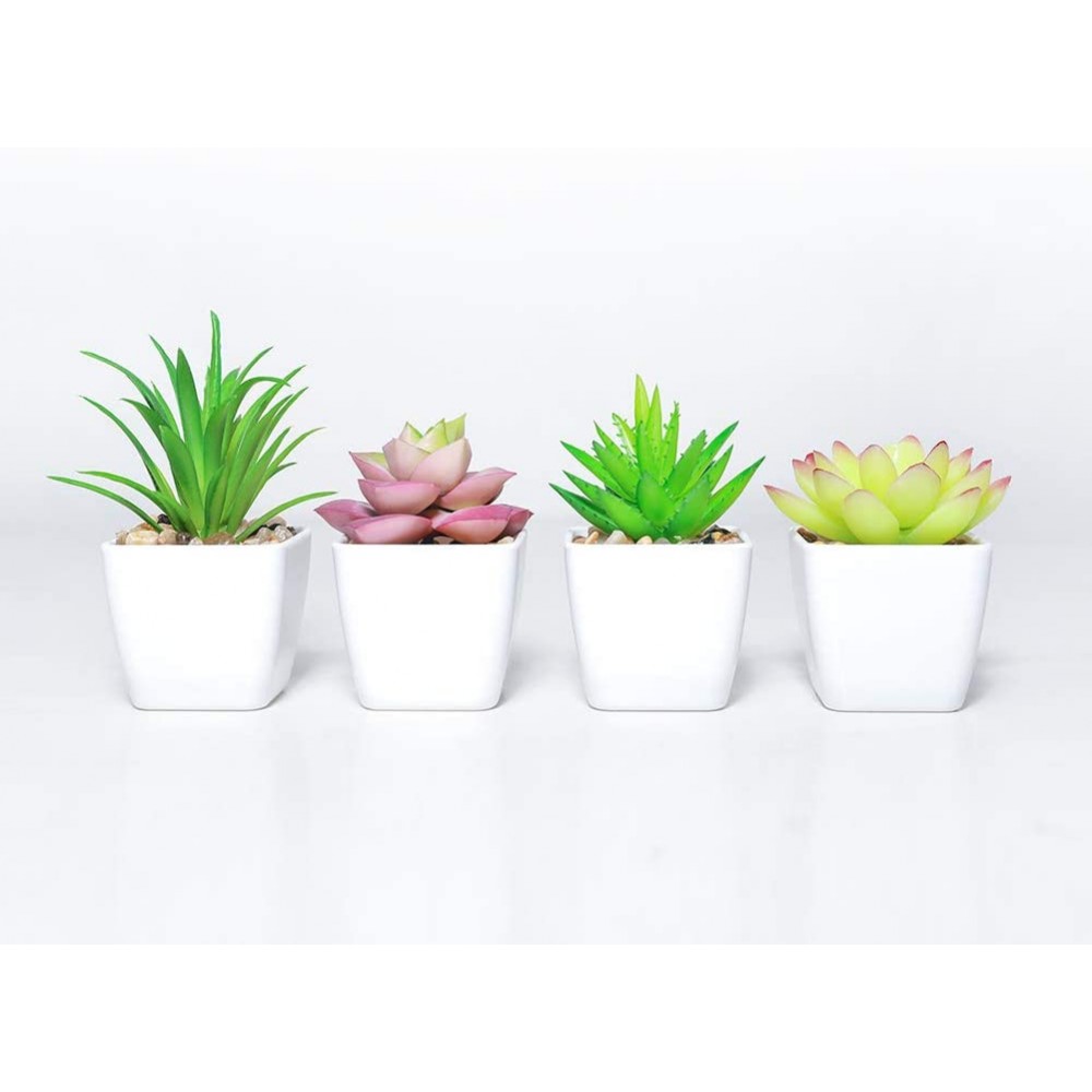 DuHouse Fake Succulents Plants Artificial Potted Faux Plant in Mini Square White Pots for Home Office Bathroom Desk Shelf Decor Set of 4Green