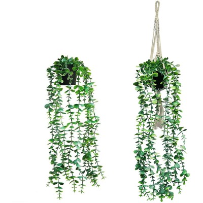 Fake Potted Hanging Plant 22inch 2 pcs with Macrame Plant Hanger 1 pcs for Home Decor Indoor Boho Decor Faux Eucalyptus Vine Plant Greenery