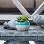 Flora Bunda Artificial Succulent in Two Tone Lines Pattern Ceramic Pot,Teal 4 W 5 H 1 PC Echeveria Fake Plant for Home Office Decor