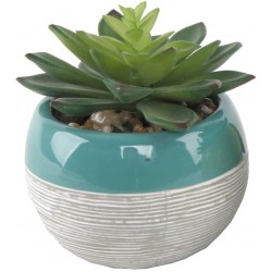 Flora Bunda Artificial Succulent in Two Tone Lines Pattern Ceramic Pot,Teal 4" W 5" H 1 PC Echeveria Fake Plant for Home Office Decor