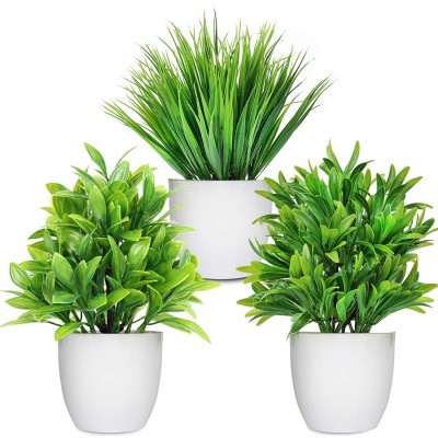 LELEE Artificial Plants Mini Fake Potted Plants 3 Pack Small Eucalyptus Potted Faux Decorative Grass Plant with White Pot for Home Decor Indoor Office Desk Table Decoration
