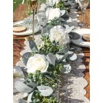 Miracliy 6 Ft Eucalyptus Garland with Flowers Lambs Ear Greenery White Roses Fake Vines for Wedding Table Mantle Backdrop Party Farmhouse Home Decor