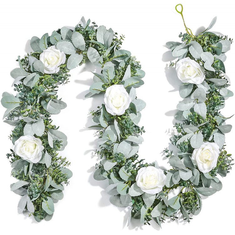 Miracliy 6 Ft Eucalyptus Garland with Flowers Lambs Ear Greenery White Roses Fake Vines for Wedding Table Mantle Backdrop Party Farmhouse Home Decor