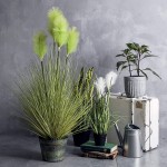 QL DESIGN 42 Inches PVC Green Grass Potted Plant Artificial Green Reed Grass in Vintage Metal Pot Great for Home and Office Decor.