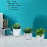 Set of 3 Artificial Green Succulent Plants with Decorative Marble Pots – Realistic Greenery Potted Faux Plant Arrangements for Home Office Decor Shelves Bathroom Kitchen Table Centerpieces