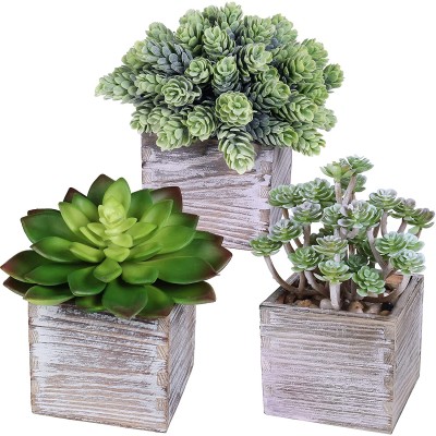 Set of 3 Assorted Small Potted Succulents Plants Decorations Green Fake Succulents Cacti in Rustic Wooden Pots for Home Living Room Bathroom Table Centerpiece Windowsill Shelf Office Desk Indoor Decor