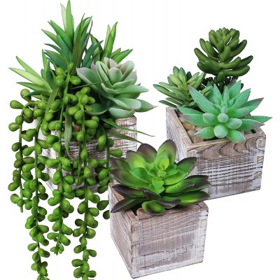 Set of 3 Small Potted Succulents Plants Decoration Assorted Green Fake Succulents Plants in Rustic Wooden Pots for Home Living Room Bathroom Table Shelf Centerpiece Windowsill Office Desk Indoor Decor