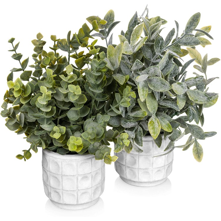 Small Artificial Plants For Home Decor Indoor Farmhouse Plant Decor Set Small Faux Plants For Shelves -Bathroom Plants Decoration White Potted Fake Plants For Office Desk Shelf Eucalyptus In Pot