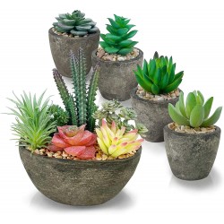 Succulents Plants Artificial Set of 5 Realistic Fake Succulents with Cement Like Pots for Home Office Decoration.