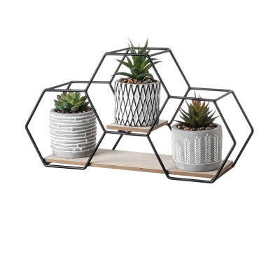 TERESA'S COLLECTIONS Modern Artificial Potted Plants with Wood and Metal Shelf for Home Decor Assorted Faux Succulents in Geometric Ceramic Planter for Table Office Living Room Decoration-Set of 3