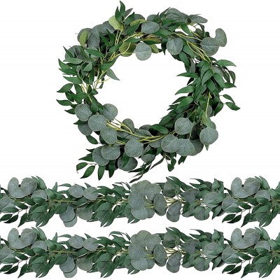 Trimgrace 2 Pack 6.5 Feet Artificial Eucalyptus Garland with Willow Leaves Faux Greenery Garland Swag for Wedding Party Home Table Runner Arch Decor