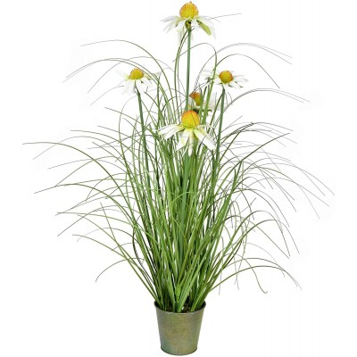 Vickerman Everyday 24" Artificial Green Grass And Daisies With Iron Pot Faux Grass Plant Decor Home Or Office Indoor Greenery Accent Maintenance Free