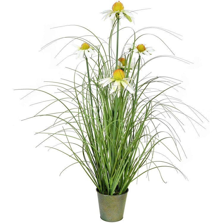Vickerman Everyday 24 Artificial Green Grass And Daisies With Iron Pot Faux Grass Plant Decor Home Or Office Indoor Greenery Accent Maintenance Free