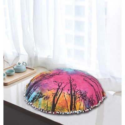 32" Multi Locust Tree Floor Pillow Meditation Bohemian Cushion Seating Throw Hippie Decorative Boho Indian Large Ottoman Home Decor Cases Round Sham Outdoor Tie Dye Pouf White Pom Pom Cover Only