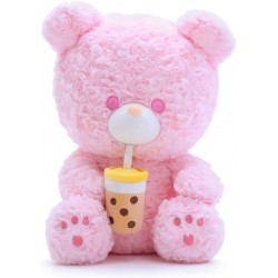 VICKYPOP Teddy Bear Boba Plush Toy Cute Animal Bubble Pearl Milk Tea Stuffed Hug Pillow for Home Decor Pink 11.8 inches