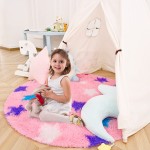 Kelarea Pink Round Rug for Girls Kids Circle Fluffy Rugs Girls Bedroom Shaggy Carpet Princess Play Mat for Tent Playhouse Nursery Playpen Baby Star Unicorn Room Decor 4x4 ft