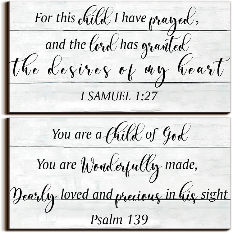 2 Pieces Wood Nursery Wall Decor for Girls Boys Baby Girl Room Decor for Nursery Christian Nursery Wall Art This Child I Have Prayed Bible Quote Wall Hanging Sign for Kids Home Living Room 12 x 6 Inch