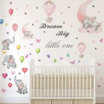 2 Rolls Dream Big Little One Elephant Wall Decals Balloon Flying Elephant Butterfly Pink Moon Wall Sticker Floral Hot Air Balloon Wall Art for Girls Kids Baby Bedroom Classroom Nursery Room Home Decor