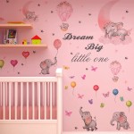 2 Rolls Dream Big Little One Elephant Wall Decals Balloon Flying Elephant Butterfly Pink Moon Wall Sticker Floral Hot Air Balloon Wall Art for Girls Kids Baby Bedroom Classroom Nursery Room Home Decor