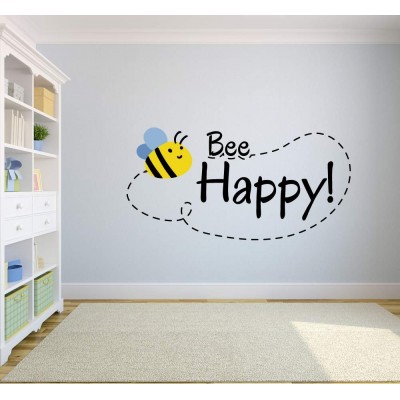 Bee Happy Bumblebee Bees Cute Animal Decors Wall Sticker Art Design Decal for Girls Boys Kids Room Bedroom Nursery Kindergarten House Fun Home Decor Stickers Wall Art Vinyl Decoration 20x40 inch