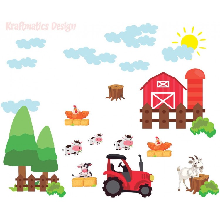 Big Farm Barn & Animals Nursery Baby Boy Wall Decal Vinyl Sticker for Kids Home Décor by Kraftmatics Design Small W 50 x H 40