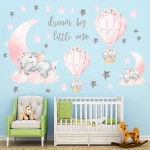 Dream Big Little One Elephant Wall Stickers Pink Moon Hot Air Balloon Grey Stars Wall Decals for Nursery Kids Room Living Room Bedroom Decorations Home Decor