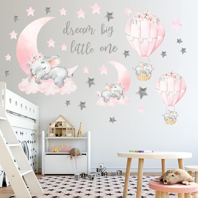 Dream Big Little One Elephant Wall Stickers Pink Moon Hot Air Balloon Grey Stars Wall Decals for Nursery Kids Room Living Room Bedroom Decorations Home Decor