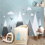 Gray Cream Mountains Wall Stickers Home Decor for Kids Room Nursery Eagles Pine Trees Clouds Beautiful Art Murals Decal 40X47in