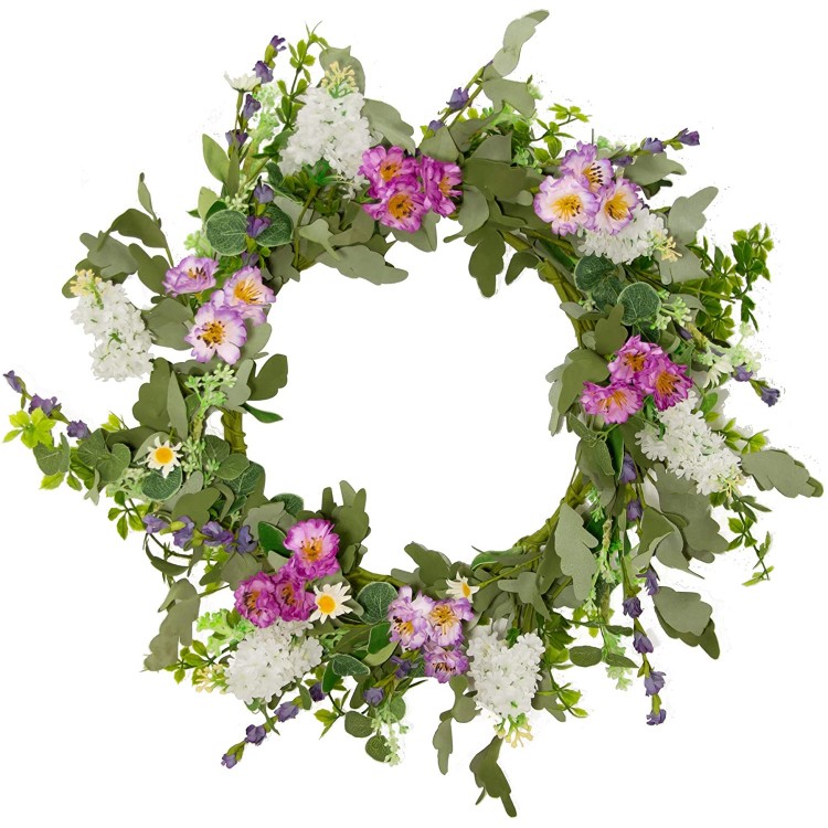 LAVERNE'S FLOWER 20” Front Door Wreath Spring Wreaths for All Seasons Flower Wreath for Outdoor Indoor Window Fireplace Home Decoration Lilac and Daisy