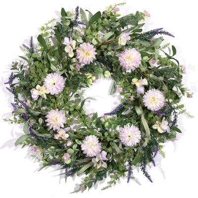 LOHASBEE Artificial Spring Wreath 22" Hydrangea Lavender Greenery Wreath，Handcrafted Chrysanthemum Ball Flower Summer Faux Wreath for Front Door Porch Farmhouse Wedding Outside Decor