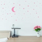 Moon and Stars Wall Decal Vinyl Sticker Removable Children Kids Art DIY Sticker Mural for Boy Girls Baby Room Decoration Good Night Nursery Wall Decor Home House Bedroom Design Pink