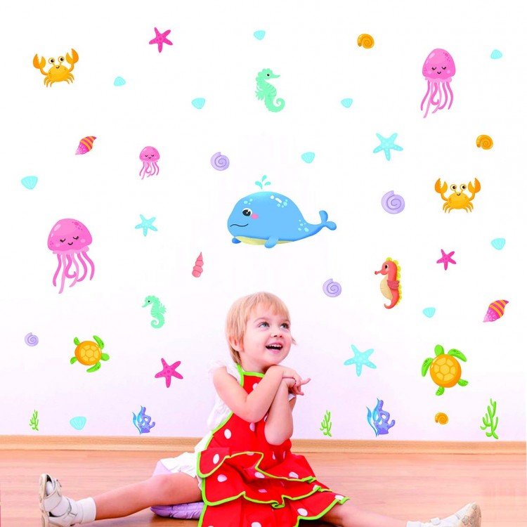 Sea Animals Wall Decals Cartoon Jellyfish Seahorse Wall Stickers- Under The Sea Theme Sticker for Kids Room Bathroom Nursery Wall Art Decor Home Decoration