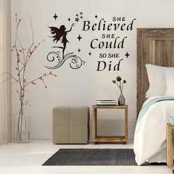 She Believed She Could So She Did Wall Decal DILIBRA Quote Sayings Bible Slogan Lettering Fairy and Stars Wall Stickers Inspirational Motto Home Décor for Girl Nursery Bedroom Living Room