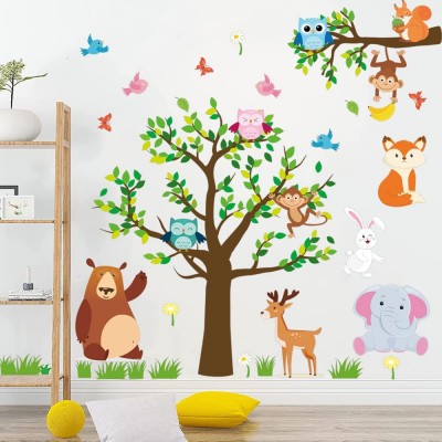 Supzone Jungle Animal Wall Stickers Forest Animal Tree Wall Sticker Owls Wall Decals for Kids Baby Nursery Playroom Bedroom Classroom Kindergarten Wall Decor
