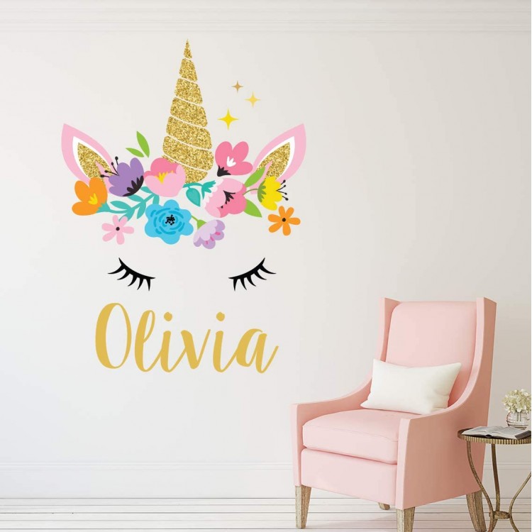 Unicorn Wall Decal Art Personalized Name Wall Decals Girls Bedroom Nursery Wall Decor Removable Vinyl Wall Stickers ND15 50W x 36H inches