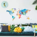 Wall Map Decals Colorful World Map Stickers Peel and Stick Map Art Mural Watercolor Home Decor for Kids Room Playroom