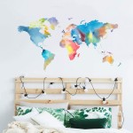 Wall Map Decals Colorful World Map Stickers Peel and Stick Map Art Mural Watercolor Home Decor for Kids Room Playroom