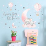 Yovkky Baby Girl Elephant Dream Big Little One Nursery Wall Decals Sticker Pink Watercolor Moon Hot Air Balloon Grey Star Decor Home Baby Shower Toddler Room Decoration Kid Bedroom Playroom Art Gift