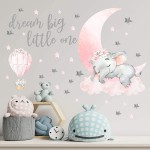 Yovkky Baby Girl Elephant Dream Big Little One Nursery Wall Decals Sticker Pink Watercolor Moon Hot Air Balloon Grey Star Decor Home Baby Shower Toddler Room Decoration Kid Bedroom Playroom Art Gift