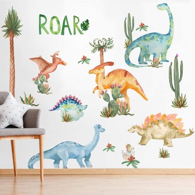 Yovkky Watercolor Dinosaur Nursery Wall Decals Large Peel and Stick Dino Tropical Plant Stickers Cactus Palm Leaf Decor Home Kitchen Decorations Boy Girl Kid Baby Toddler Bedroom Playroom Art Gift