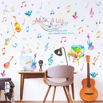 Yovkky Watercolor Music is Life Wall Decals Stickers Peel Stick Removable Musical Instrument Note Polka Dot Nursery Decor Home Studio Piano Saxophone Guitar Decorations Kid Bedroom Playroom Art Gift