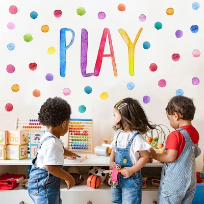 Yovkky Watercolor Playroom Polka Dots Wall Decals Stickers Peel and Stick Removable Neutral Play Sign Nursery Decor Colorful Home Classroom Decorations Kids Boys Girls Bedroom Art Party Supply Gift